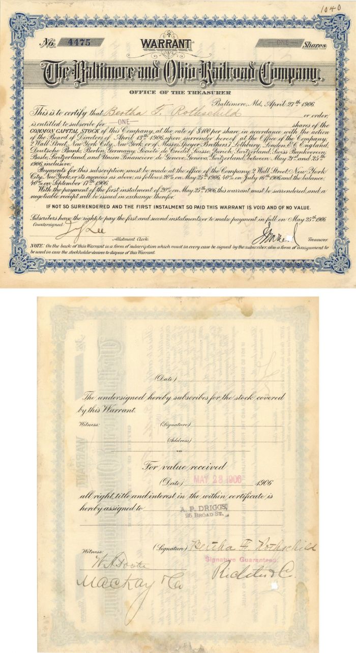 Baltimore and Ohio Railroad Co. Issued to Bertha F. Rothscihild - 1906 dated Railway Stock Certificate
