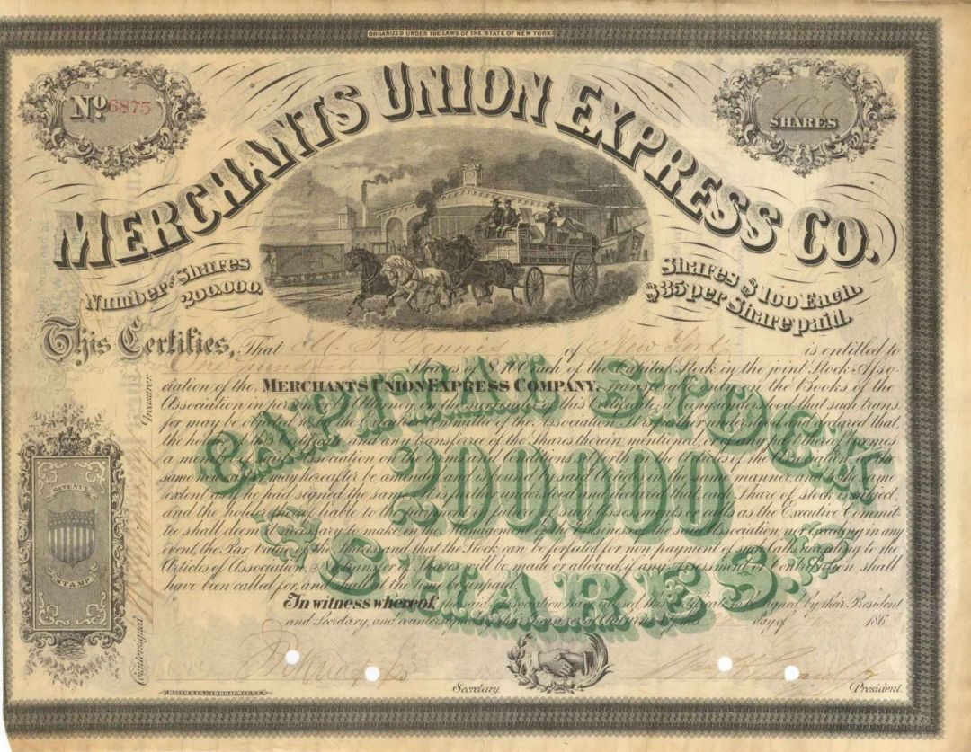  Merchants Union Express Co. signed by William H. Seward Jr.- 1868 dated Autographed Stock Certificate