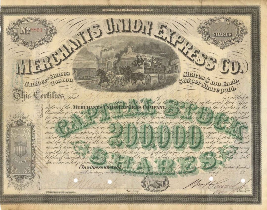 Merchants Union Express Co. signed by William H. Seward Jr. - 1868 dated Autographed Stock Certificate