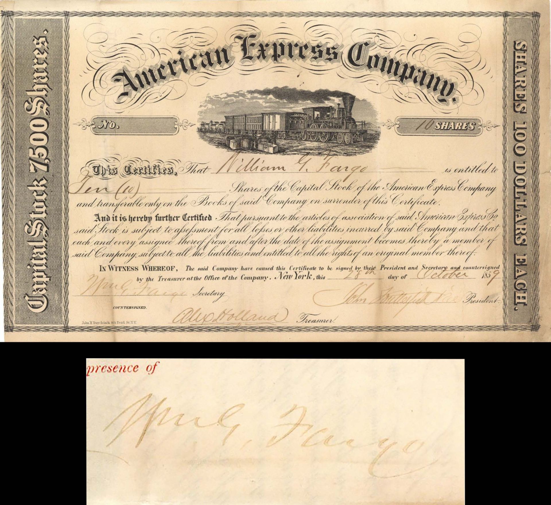 American Express Co. Issued to and Signed by Wm. G. Fargo and John Butterfield - Stock Certificate