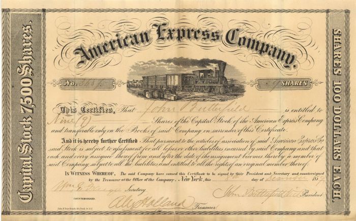 American Express Co. Issued to and Signed by John Butterfield and Wm. G. Fargo - Stock Certificate