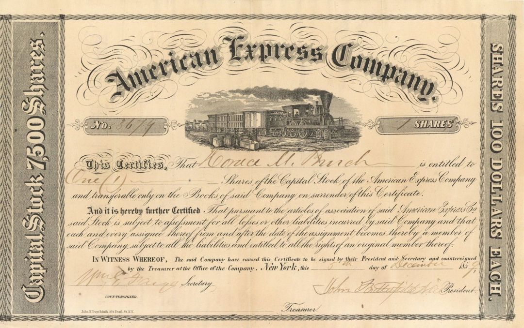 American Express Co. Signed by John Butterfield and William G. Fargo - Autograph Stock Certificate