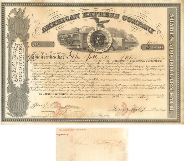 American Express Co. Issued to and Signed by John Butterfield. Also Wm. G. Fargo and Henry Wells- Stock Certificate