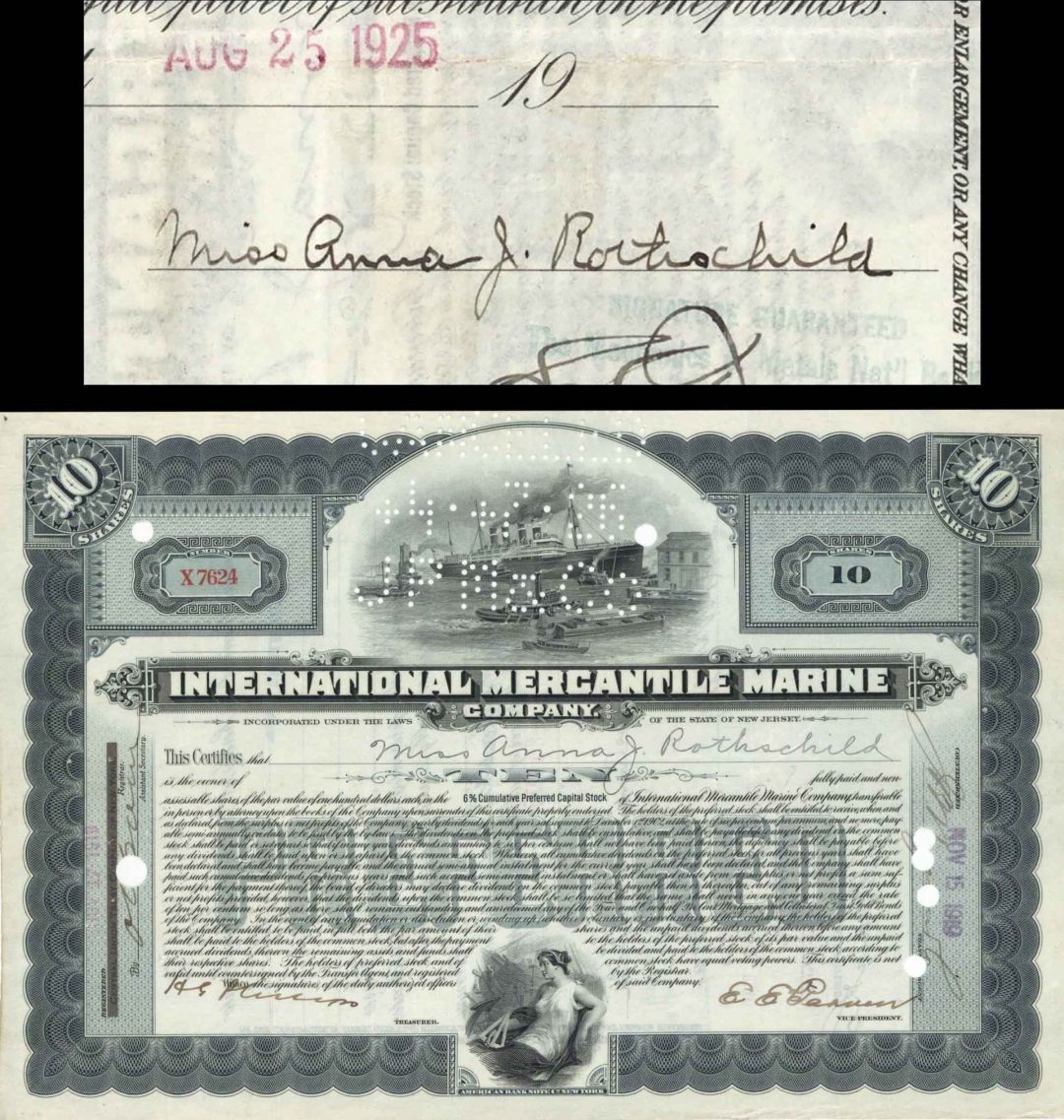 International Mercantile Marine Co. Issued to and Signed by Anna J. Rothschild - 1919 dated Autographed Stock Certificate - Titanic History