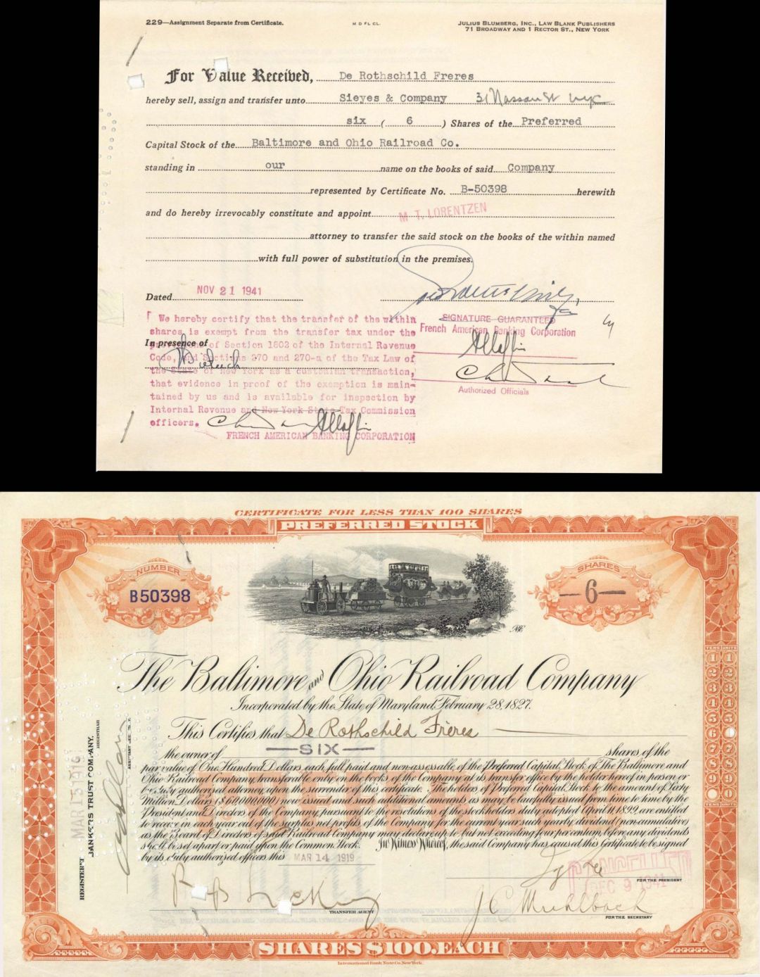 Baltimore and Ohio Railroad Co. Issued to DeRothschild Freres - 1919 or 1914 dated Stock Certificate