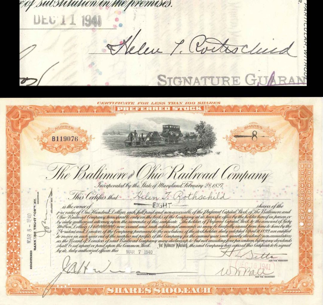 Baltimore and Ohio Railroad Co. Issued to and Signed by Helen T. Rothschild - 1940 dated Autographed Stock Certificate