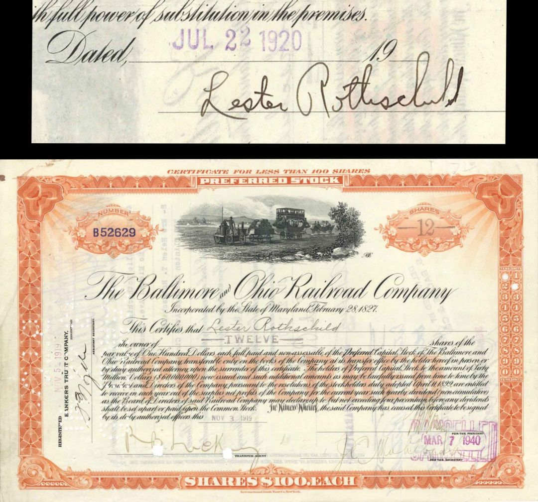 Baltimore and Ohio Railroad Co. Issued to and Signed by Lester Rothschild - 1919 and 1920 dated Autographed Stock Certificate