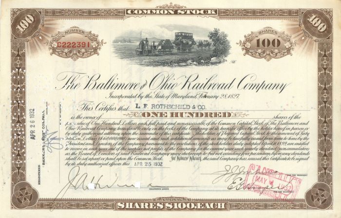 Baltimore and Ohio Railroad Co. Issued to L.F. Rothschild and Co. - Stock Certificate