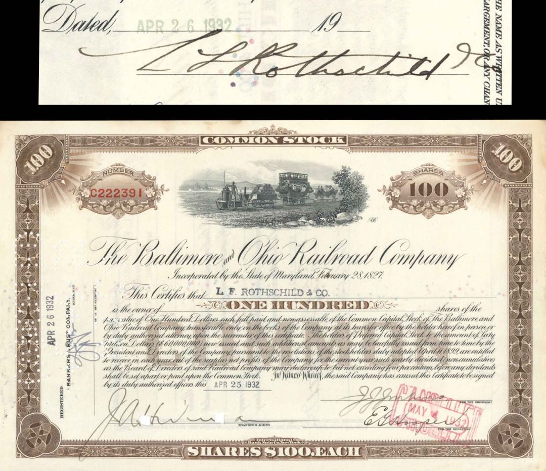 Baltimore and Ohio Railroad Co. Issued to L.F. Rothschild and Co. - 1932 dated Stock Certificate