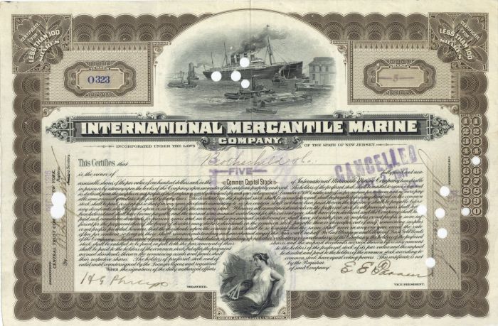 International Mercantile Marine Co. Issued to Rothschild and Co. - Stock Certificate - Titanic History