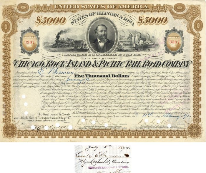 Chicago, Rock Island and Pacific Railroad Co. signed by a Meyer Rothschild - $5,000 Bond