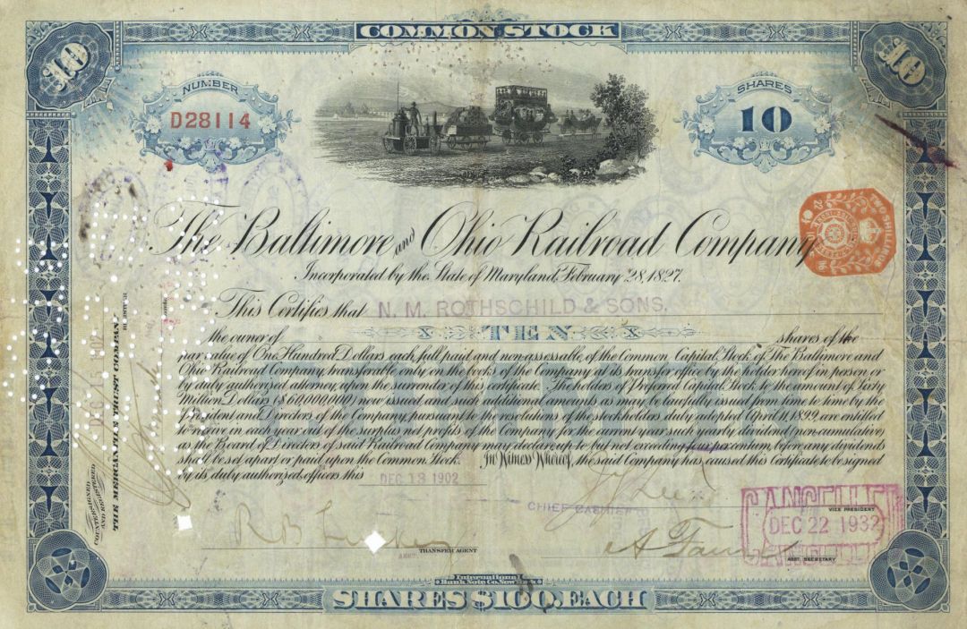 Baltimore and Ohio Railroad Co. Issued to N. M. Rothschild and Sons - 1902 dated Railway Stock Certificate