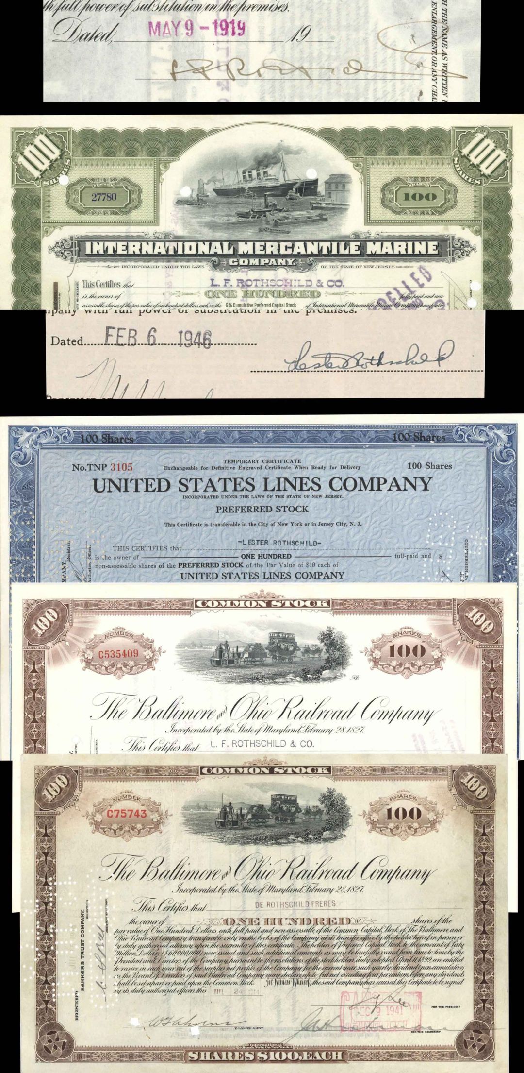 Group of 13 Stocks Issued to L.F. Rothschild and Co. and Others - 1914-1958 dated Stock Certificate