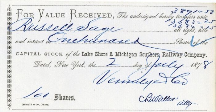 Lake Shore and Michigan Southern Railway Co. Issued to Russell Sage - Stock Transfer