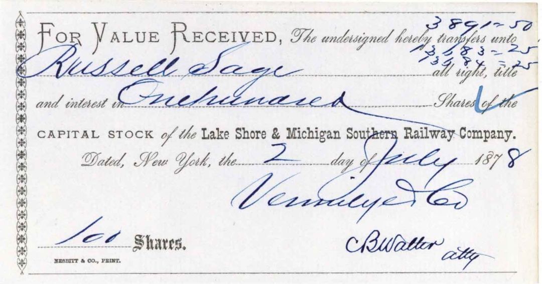 Lake Shore and Michigan Southern Railway Co. Issued to Russell Sage - 1878 dated Stock Transfer