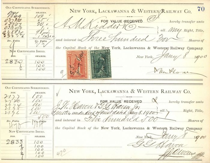 New York, Lackawanna and Western Railway Co. signed by Samuel Sloan - Stock Transfer