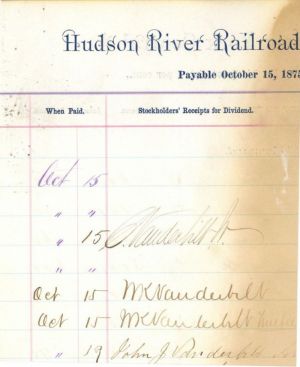 Dividend Receipt signed by Cornelius and Wm. K. Vanderbilt - Autographs