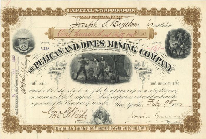 Pelican and Dives Mining Co. signed by Norvin Green - Autograph Stock Certificate