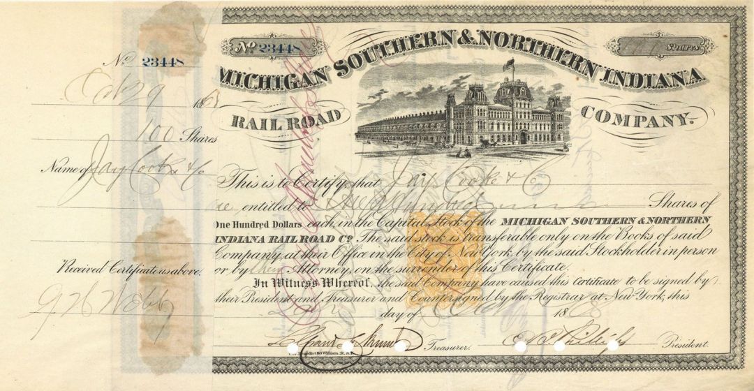 Michigan Southern and Northern Indiana Railroad Co. issued to Jay Cooke and Co. - 1860's dated Railway Stock Certificate