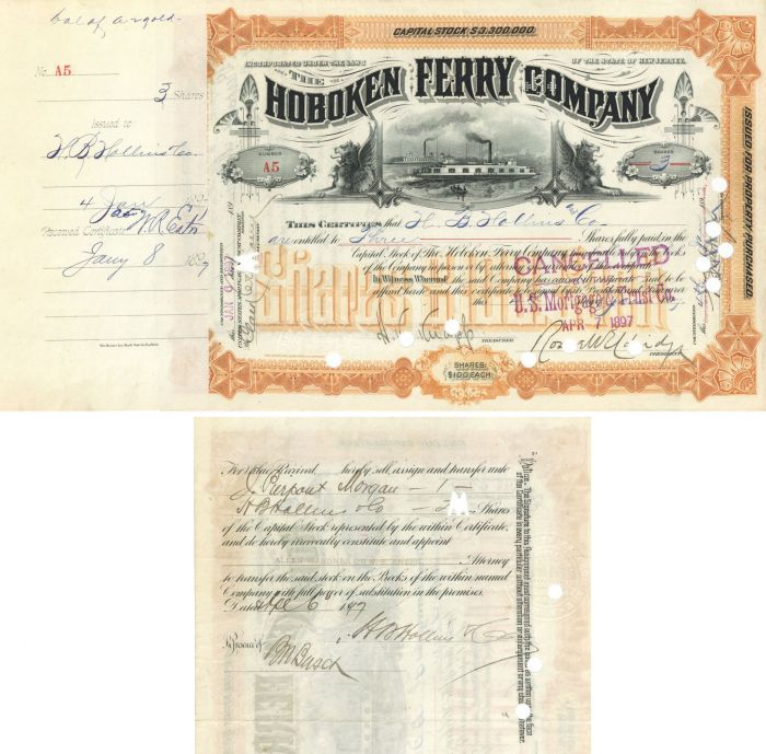 Hoboken Ferry Co. transferred to J. Pierpont Morgan - 1897 dated Stock Certificate