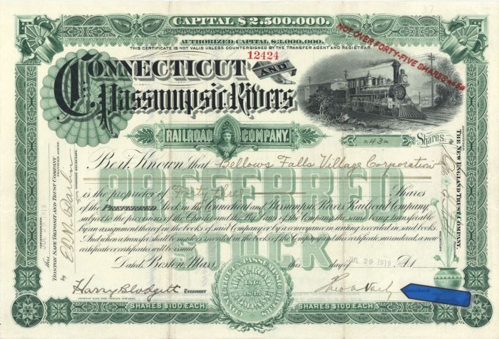 Connecticut and Passumpsic Rivers Railroad Co. signed by Theodore N. Vail - Stock Certificate