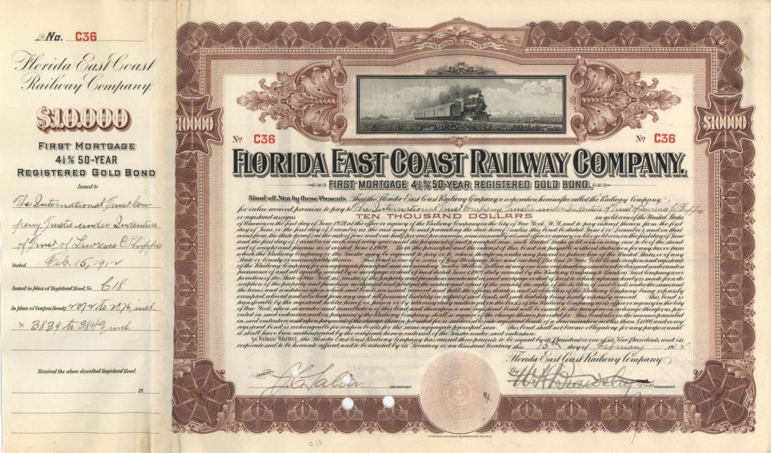 Florida East Coast Railway Co. - 1910's dated $10,000 Bond signed by William Henry Beardsley - Private Secretary to Henry Flagler