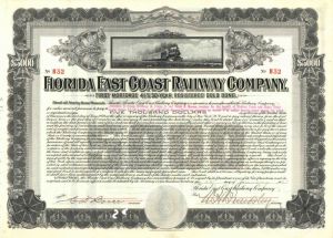 Florida East Coast Railway Co. - $5,000 Bond signed by W. H. Beardsley