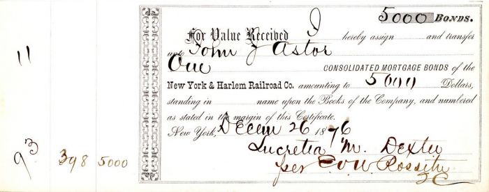 New York and Harlem Railroad Co. Issued to John Jacob Astor - $5,000 Bond