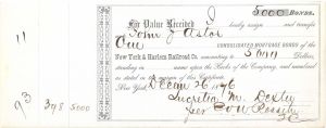 New York and Harlem Railroad Co. Issued to John Jacob Astor - $5,000 Railway Bond