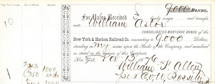 New York and Harlem Railroad Co. issued to William Astor - Railway Bond