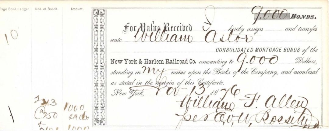 New York and Harlem Railroad Co. issued to William Astor - 1876 dated Railway Bond