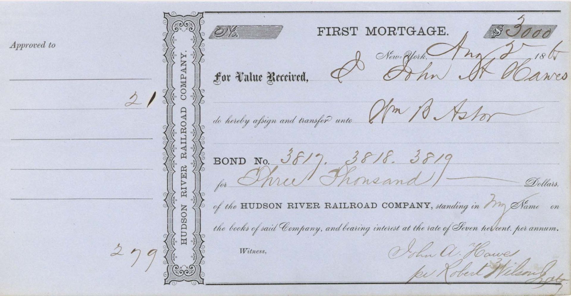 Hudson River Railroad Co. issued to Wm. B. Astor - Bond Transfer