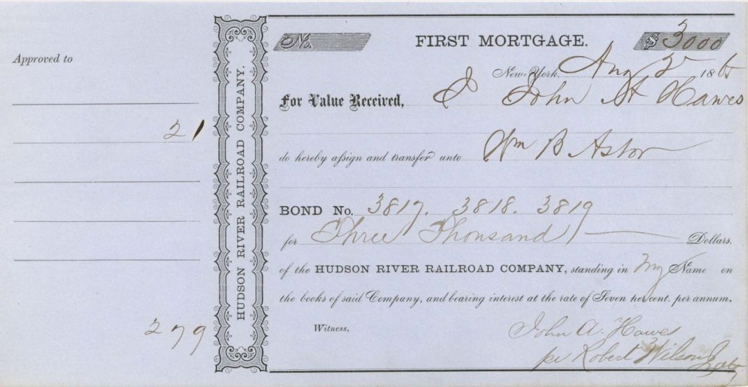 Hudson River Railroad Co. issued to William B. Astor - 1865 dated Bond Transfer