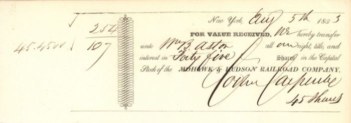 Mohawk and Hudson Railroad Co. issued to Wm. B. Astor - Stock Transfer