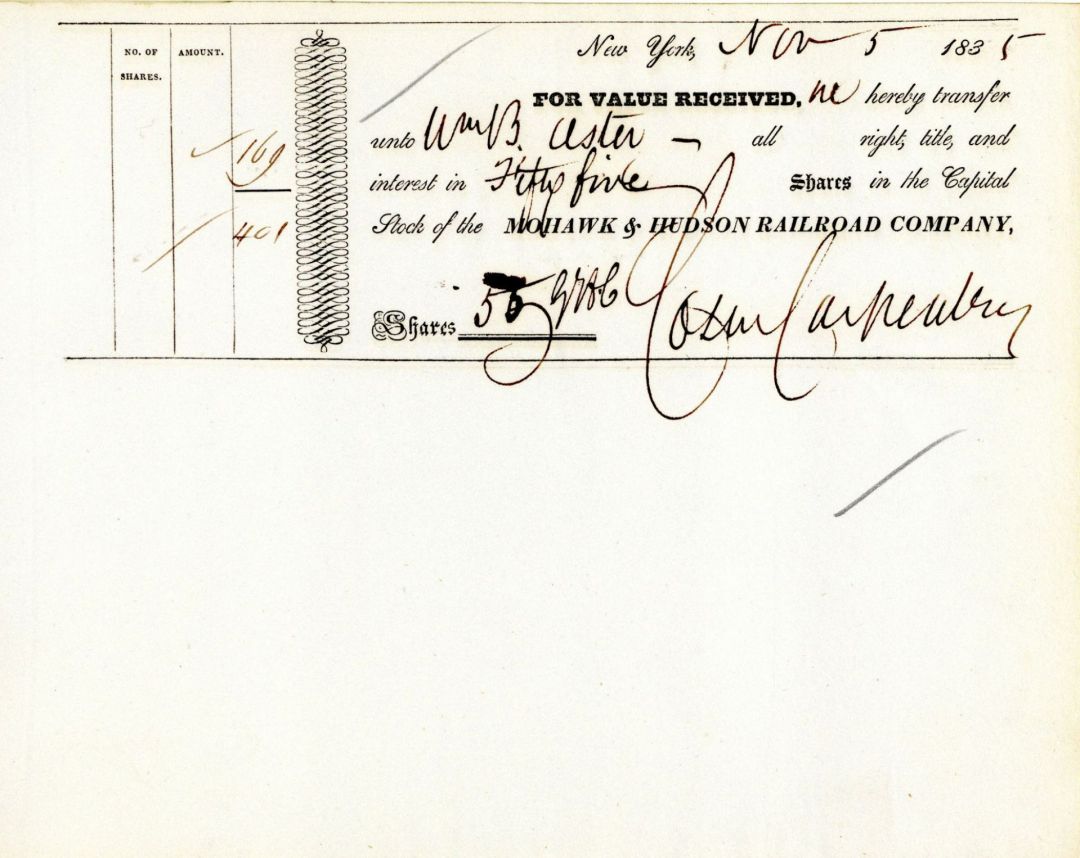 Mohawk and Hudson Railroad Co. issued to William B. Astor - 1833-1836 dated Stock Transfer
