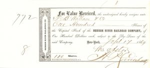 Hudson River Railroad Co. signed by William Astor Attorney - Stock Transfer