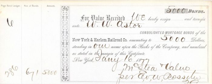 New York and Harlem Railroad Co. Issued to W.W. Astor - Railway Bond