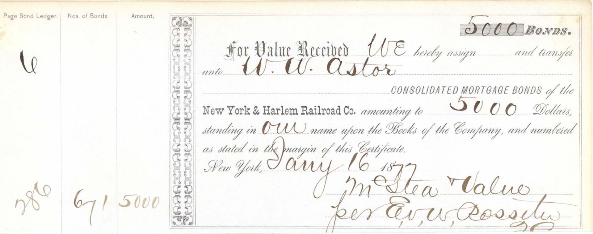 New York and Harlem Railroad Co. Issued to W.W. Astor - Railway Bond