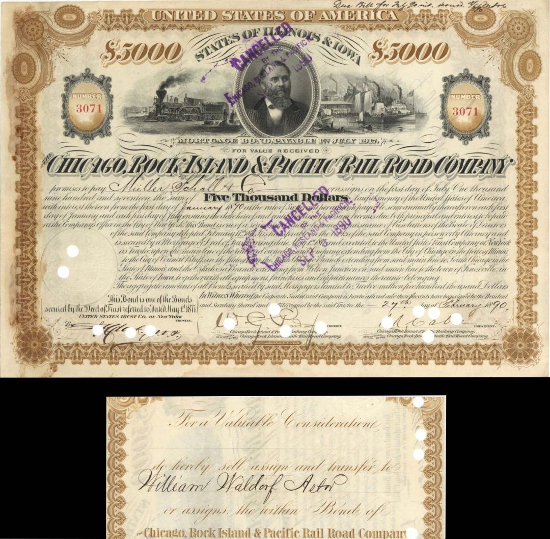 Chicago, Rock Island and Pacific Railroad Co. Transferred to W.W. Astor - 1890 dated $5,000 Bond