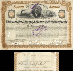 Chicago, Rock Island and Pacific Railroad Co. Transferred to W.W. Astor - $5,000 Bond