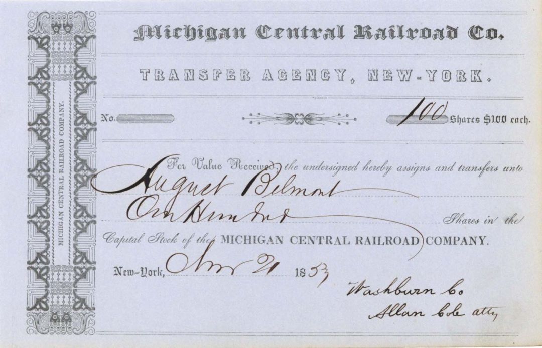 Michigan Central Railroad Co. Issued to  August Belmont - 1852 or 1853 Stock Transfer