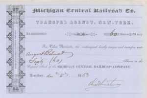 Michigan Central Railroad Co. Issued to  August Belmont - Stock Transfer