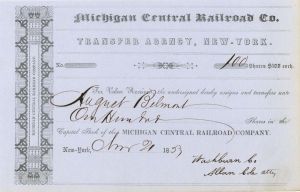 Michigan Central Railroad Co. Issued to  August Belmont - Stock Transfer