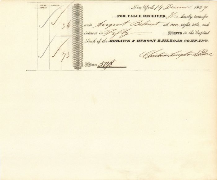 Mohawk and Hudson Railroad Co. Issued to  August Belmont - Stock Transfer