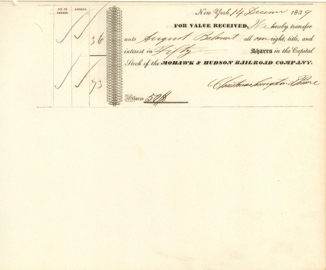 Mohawk and Hudson Railroad Co. Issued to August Belmont - 1839 dated Stock Transfer