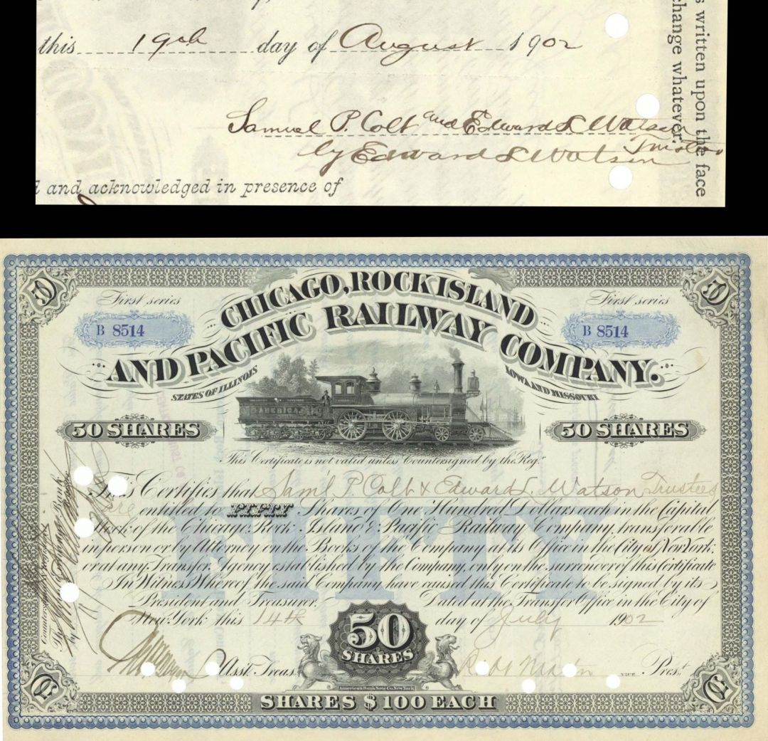 Chicago, Rock Island and Pacific Railway Co. Issued to Samuel P. Colt - 1902 dated Stock Certificate