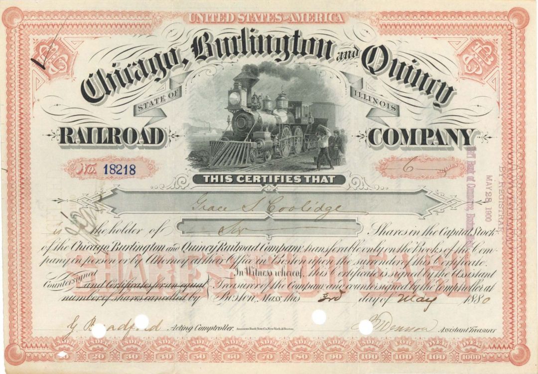 Chicago, Burlington and Quincy Railroad Co. Issued to Grace Coolidge - 1880 dated Stock Certificate