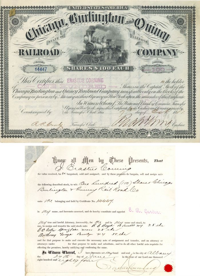 Chicago, Burlington and Quincy Railroad Co. Issued to Erastus Corning - Stock Certificate