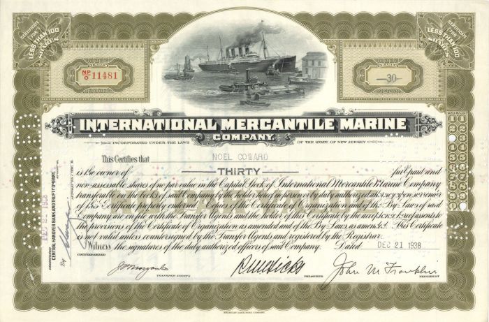 International Mercantile Marine Co. Issued to Noel Coward - Stock Certificate - Titanic History