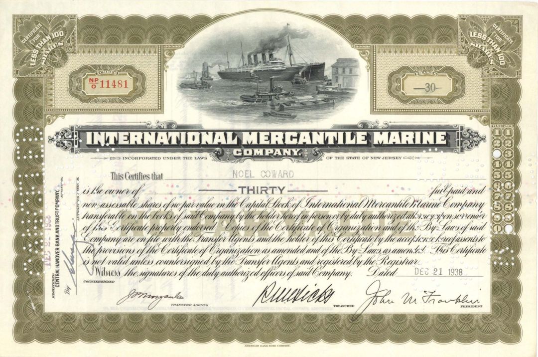 International Mercantile Marine Co. Issued to Noel Coward but not signed - 1938 dated Stock Certificate - Titanic History